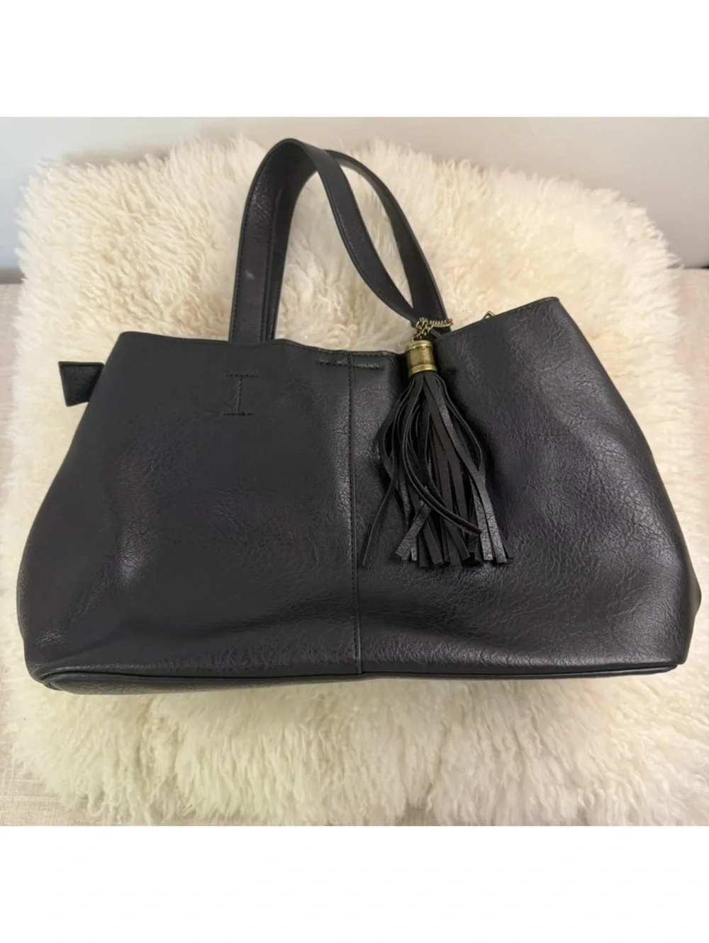 Black Faux Leather Tassel Tote Bag Convertible Crossbody Shoulder Purse
